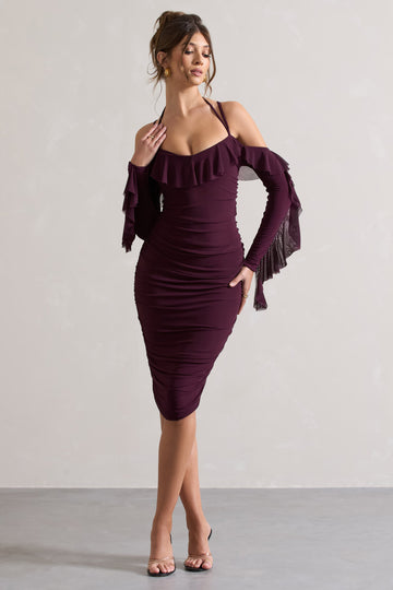 Quinn Dark Cherry Ruched Strappy Long-Sleeved Midi Dress With Ruffles